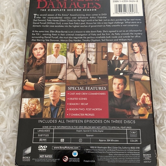 DAMAGES SEASON 2 DVD 3 DISC SET Glenn Close Rose Byrne William Hurt GUC - Picture 3 of 9